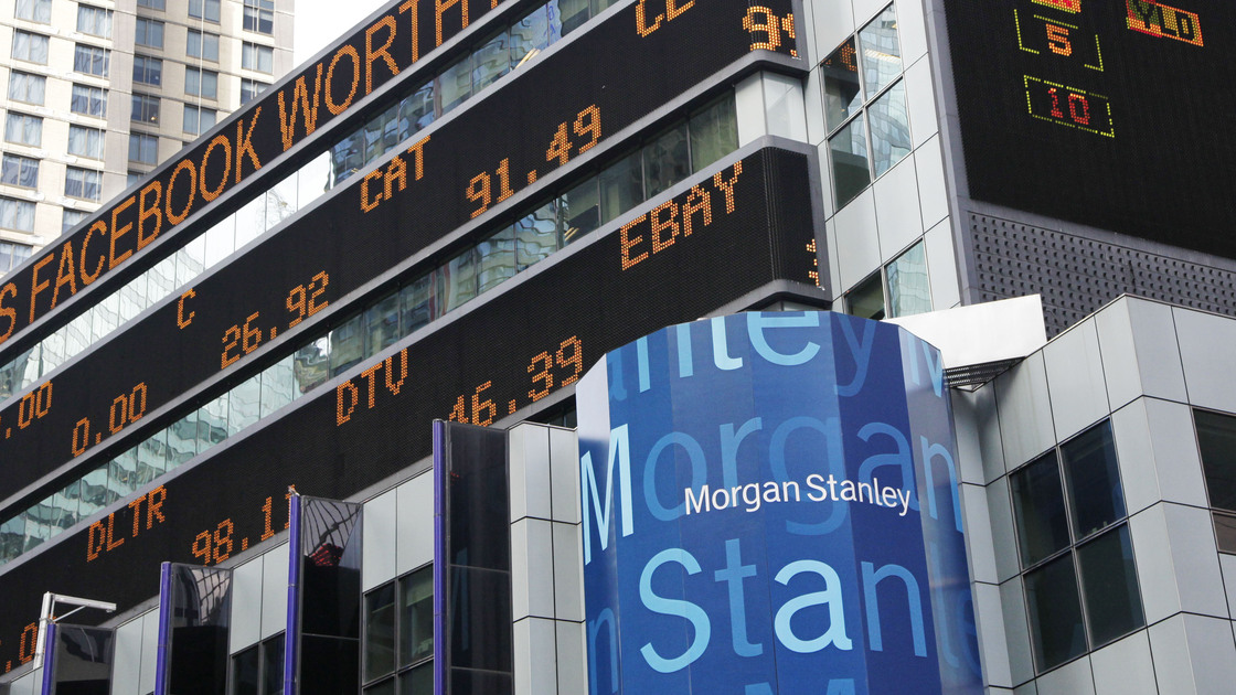 A financial news stock ticker on Morgan Stanley headquarters carries a headline about Facebook on Wednesday. Some investors wonder whether Facebook and Morgan Stanley withheld information before the Facebook stock offering.