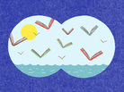 Illustration: Flying books on the horizon as viewed through binoculars. Illustration: Flying books on the horizon as viewed through binoculars.