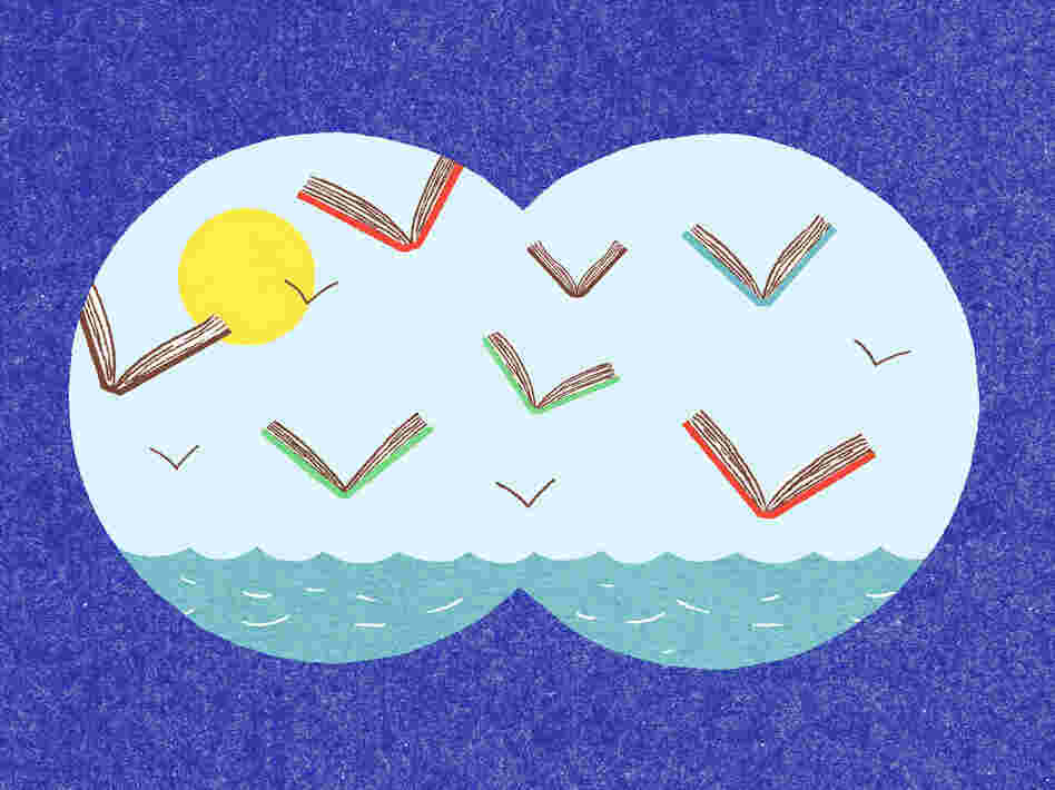 Illustration: Flying books on the horizon as viewed through binoculars. Illustration: Flying books on the horizon as viewed through binoculars.