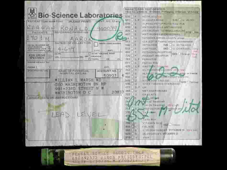 This vial, purportedly containing Ronald Reagan's dried blood residue, is being auctioned by a British website. The auction has angered some, including Reagan's family and the foundation that runs his presidential library.
