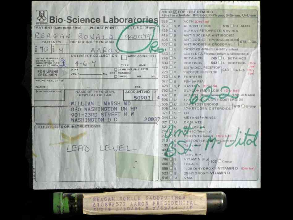 This vial, purportedly containing Ronald Reagan's dried blood residue, is being auctioned by a British website. The auction has angered some, including Reagan's family and the foundation that runs his presidential library.