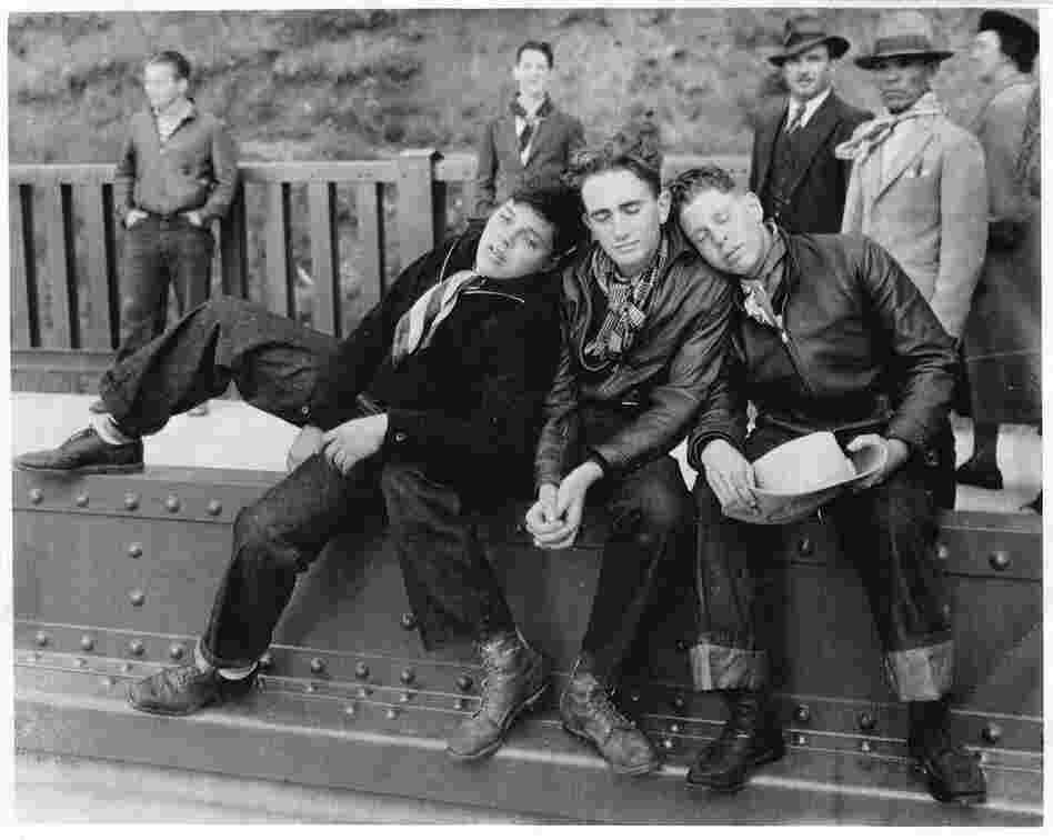 Edgar Stone (left), Marshall Weigel and Stuart Greenberg were exhausted after walking across the Golden Gate Bridge on the day it first opened. A photographer snapped them for this image, which appeared in The San Francisco News-Call Bulletin. Edgar Stone (left), Marshall Weigel and Stuart Greenberg were exhausted after walking across the Golden Gate Bridge on the day it first opened. A photographer snapped them for this image, which appeared in The San Francisco News-Call Bulletin.
