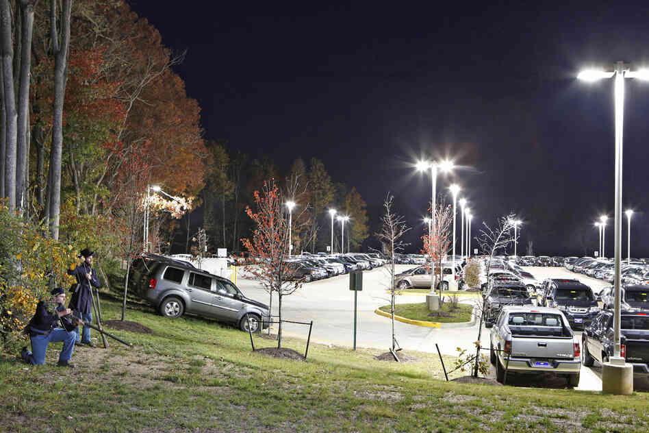 Prillaman and Feito outside a Honda dealership on what was a Federal campsite near Fredericksburg, Va.