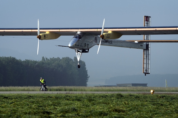 The Swiss sun-powered aircraft Solar Impulse takes off on Thursday.