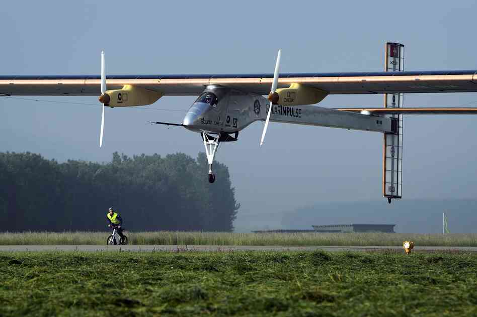 The Swiss sun-powered aircraft Solar Impulse takes off on Thursday.