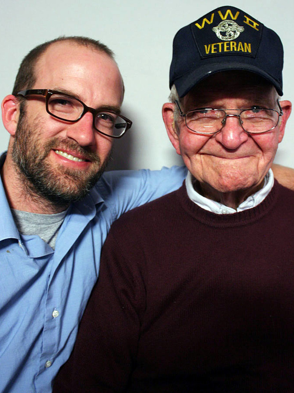Harrison Wright, 88, with his grandson Sean Guess, 36, at StoryCorps in Austin, Texas.