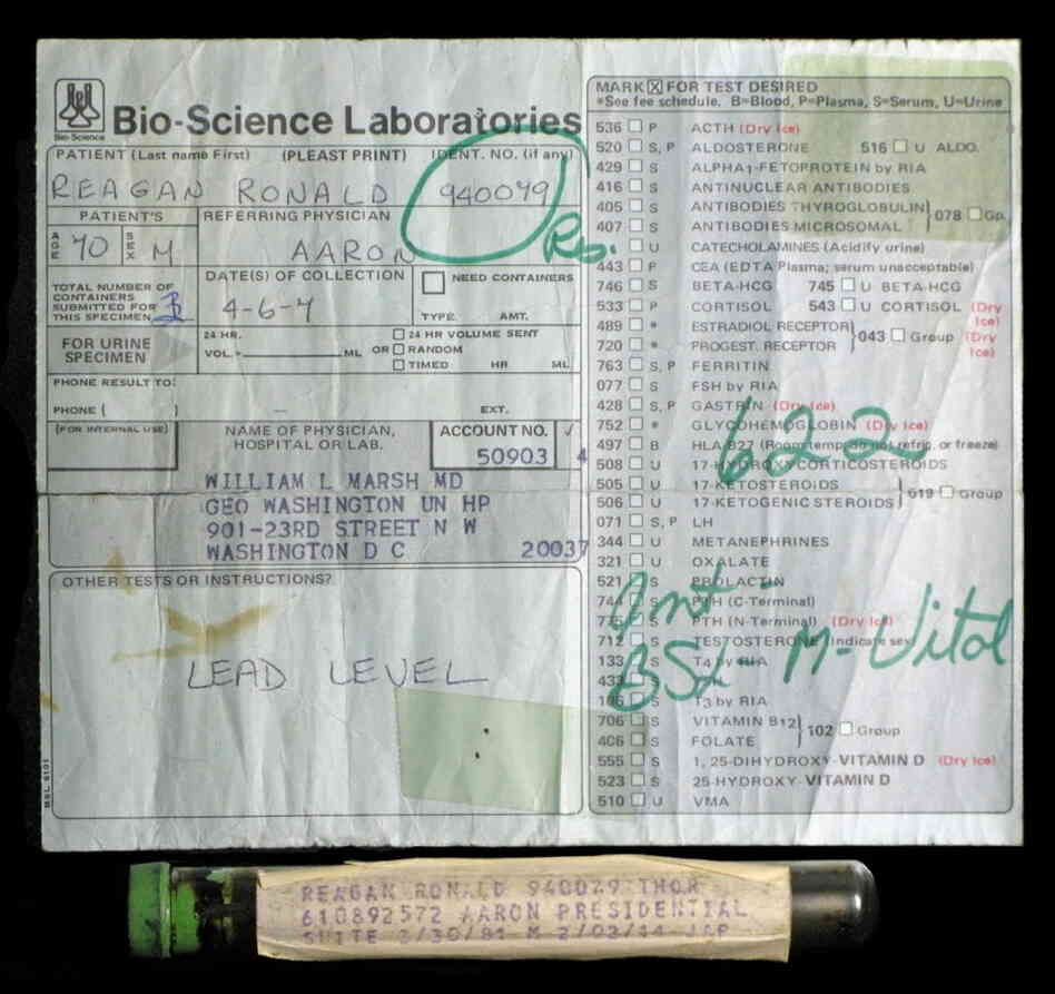 The vial that its owner claims contains some of President Reagan's blood, along with some of the paperwork.
