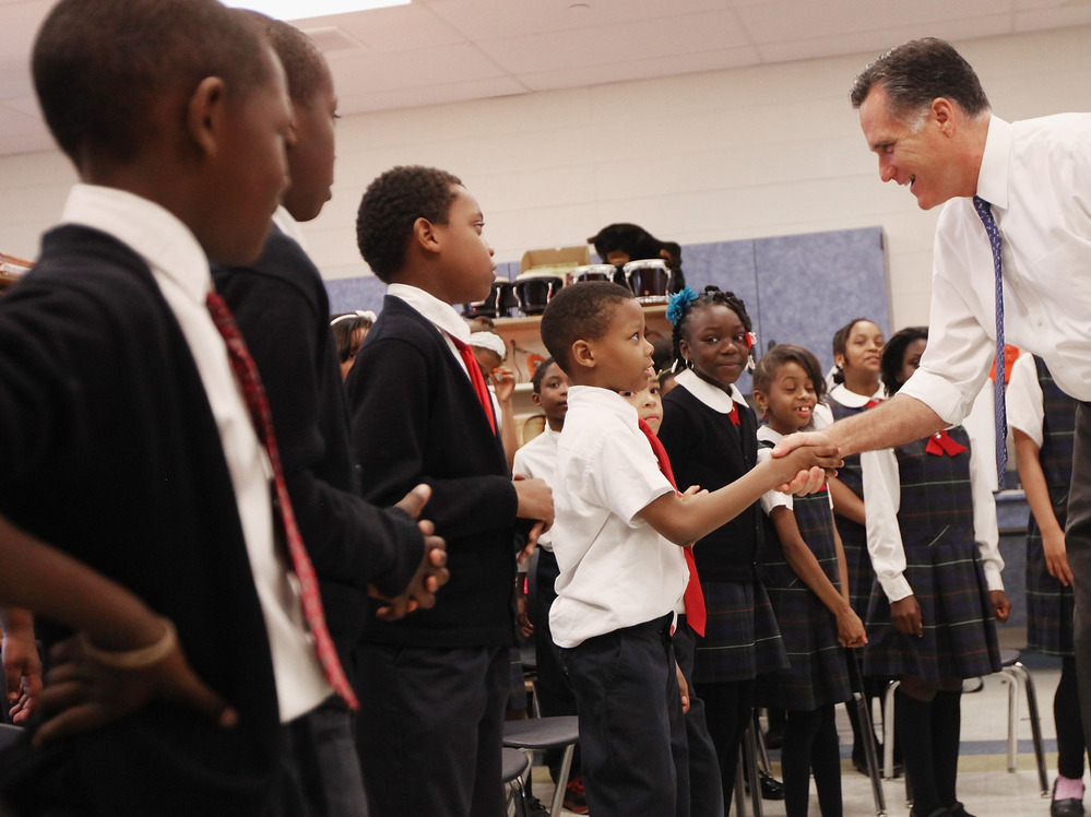 Mitt Romney with charter-school students in West Philadelphia, a section of the city where some people had never heard of him.