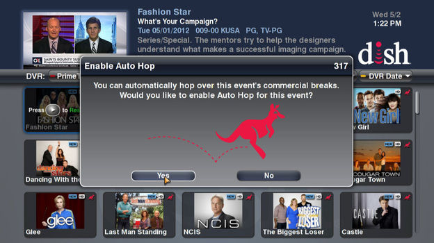 This image provided by Dish Network shows a screen message of the AutoHop feature, which allows customers to skip over commercials.