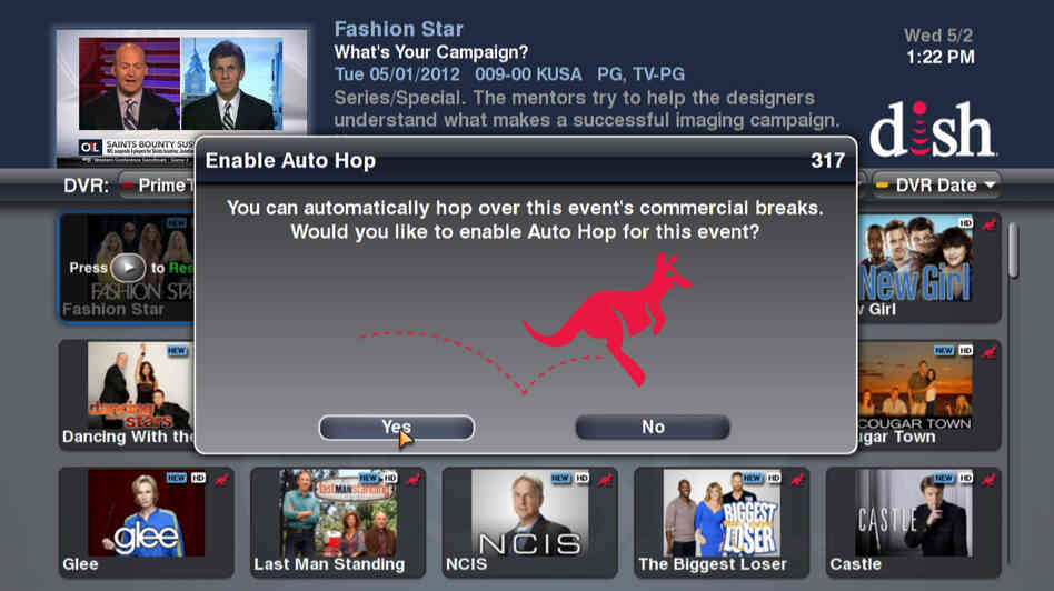 This image provided by Dish Network shows a screen message of the AutoHop feature, which allows customers to skip over commercials.