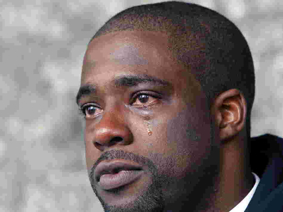 A tear of relief: Brian Banks after his rape conviction was dismissed Thursday.