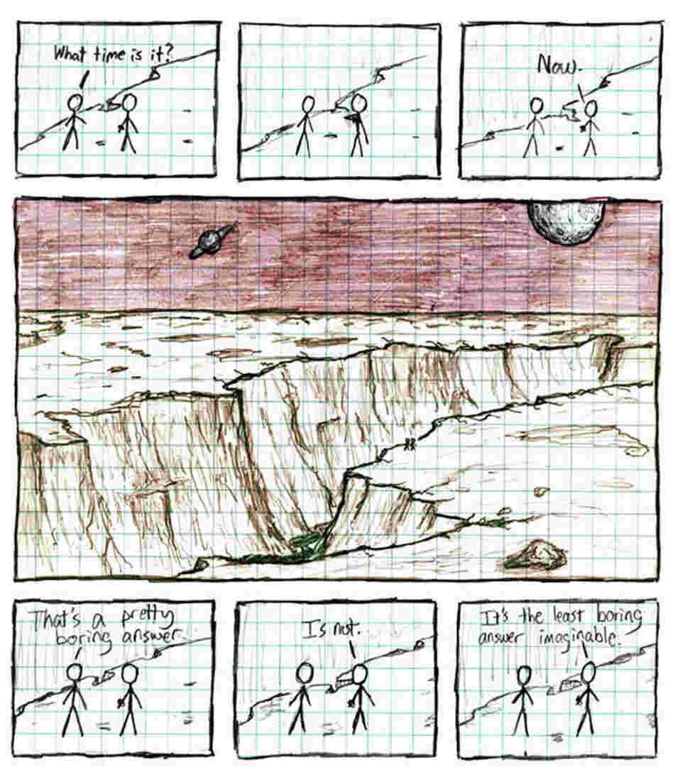xkcd: [They're standing at the lip of the canyon, which isn't clear at all.]