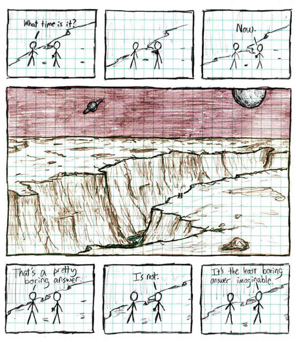 xkcd: [They're standing at the lip of the canyon, which isn't clear at all.]