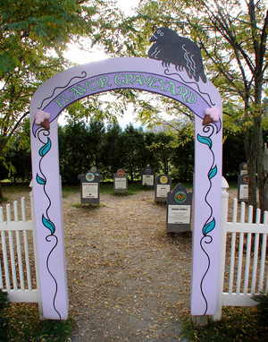 Headstones in Ben and Jerry's "Flavor Graveyard" are dedicated to bygone favorites such as Oh Pear (1997), Makin' Whoopie Pie (2002-2003), and Urban Jumble (2000-2001). Click the enlargement for a detailed view.