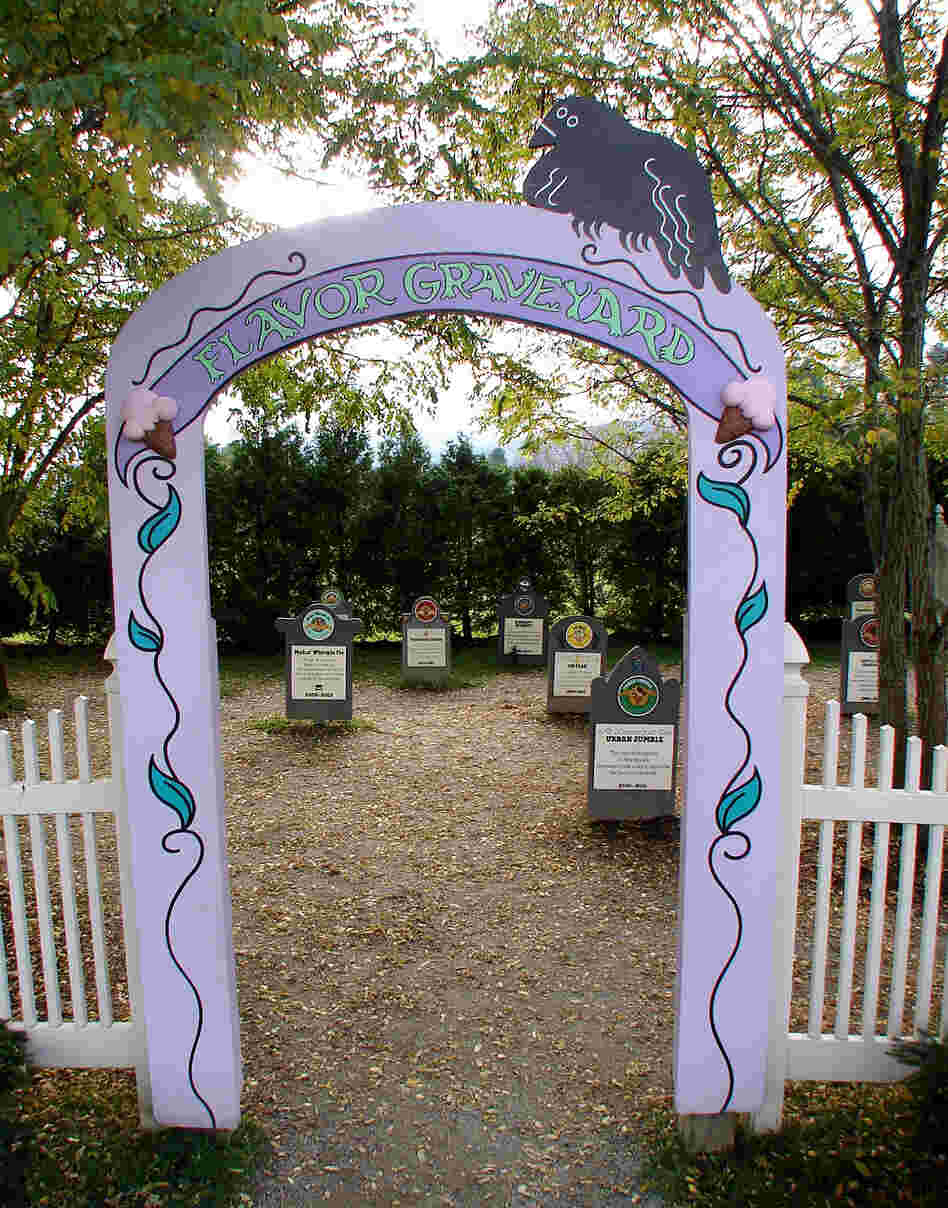 Headstones in Ben and Jerry's "Flavor Graveyard" are dedicated to bygone favorites such as Oh Pear (1997), Makin' Whoopie Pie (2002-2003), and Urban Jumble (2000-2001). Click the enlargement for a detailed view.