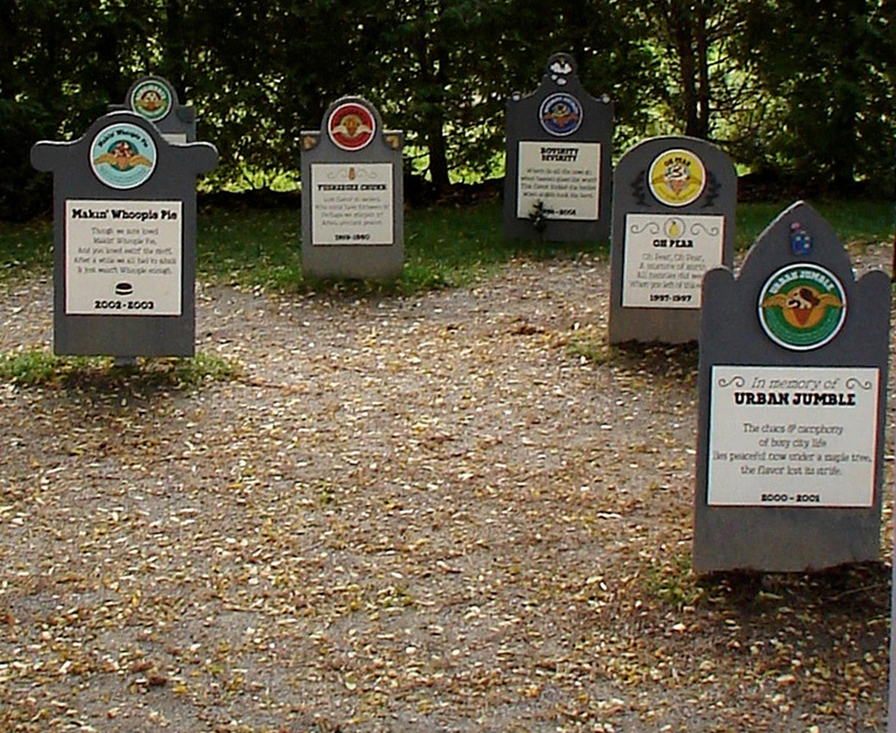 Headstones in Ben and Jerry's "Flavor Graveyard" are dedicated to bygone favorites such as Oh Pear (1997), Makin' Whoopie Pie (2002-2003), and Urban Jumble (2000-2001). Click the enlargement for a detailed view.