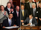 President Obama is applauded after signing the health care overhaul during a ceremony in the White House on March 23, 2010. Then-Gov. Mitt Romney signs a Massachusetts health care overhaul at Faneuil Hall in Boston on April 12, 2006. President Obama is applauded after signing the health care overhaul during a ceremony in the White House on March 23, 2010. Then-Gov. Mitt Romney signs a Massachusetts health care overhaul at Faneuil Hall in Boston on April 12, 2006.