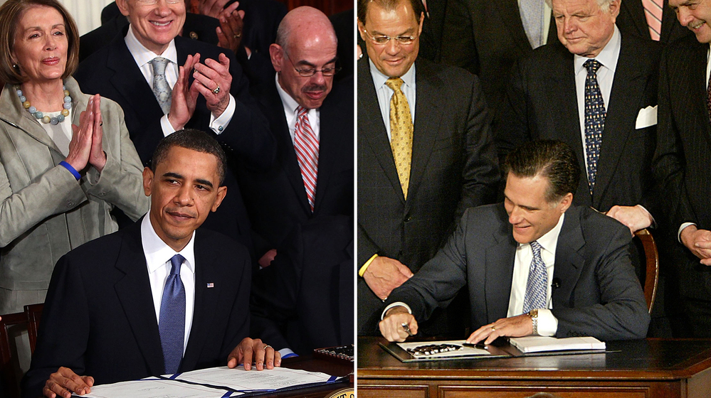 President Obama is applauded after signing the health care overhaul during a ceremony in the White House on March 23, 2010. Then-Gov. Mitt Romney signs a Massachusetts health care overhaul at Faneuil Hall in Boston on April 12, 2006.