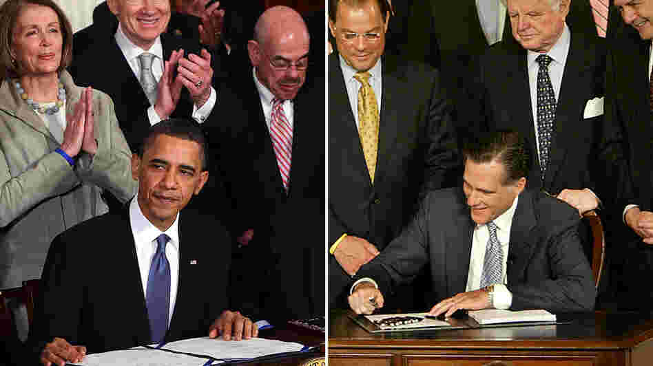 President Obama is applauded after signing the health care overhaul during a ceremony in the White House on March 23, 2010. Then-Gov. Mitt Romney signs a Massachusetts health care overhaul at Faneuil Hall in Boston on April 12, 2006.