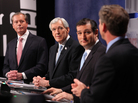 Republican candidates for U.S. Senate (from left) Lt. Gov. David Dewhurst, former Dallas Mayor Tom Leppert and former Texas Solicitor General Ted Cruz participate in a debate on April 13 in Dallas. Republican candidates for U.S. Senate (from left) Lt. Gov. David Dewhurst, former Dallas Mayor Tom Leppert and former Texas Solicitor General Ted Cruz participate in a debate on April 13 in Dallas.