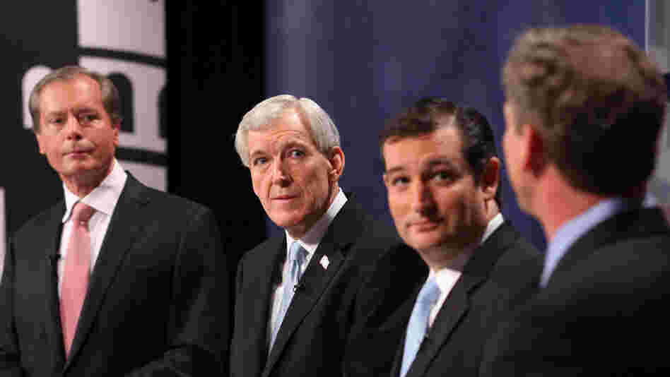 Republican candidates for U.S. Senate (from left) Lt. Gov. David Dewhurst, former Dallas Mayor Tom Leppert and former Texas Solicitor General Ted Cruz participate in a debate on April 13 in Dallas. Republican candidates for U.S. Senate (from left) Lt. Gov. David Dewhurst, former Dallas Mayor Tom Leppert and former Texas Solicitor General Ted Cruz participate in a debate on April 13 in Dallas.