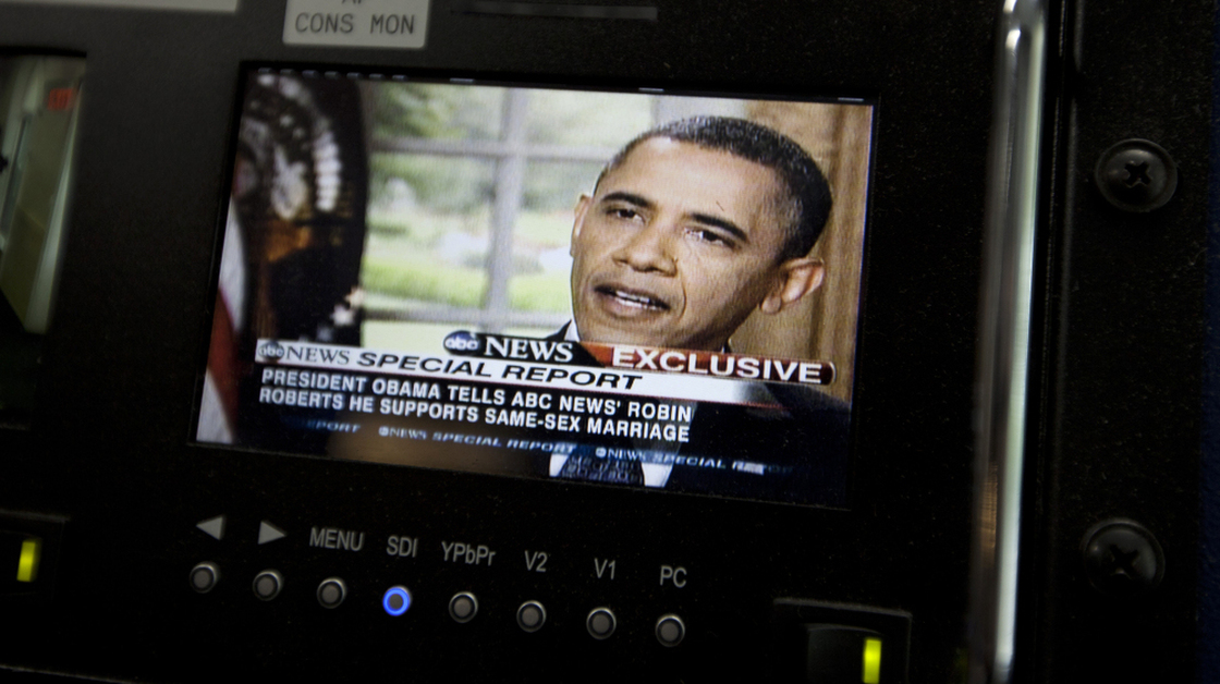 President Obama is seen on a monitor in the White House briefing room May 9. In an interview with ABC, he said he supports gay marriage.