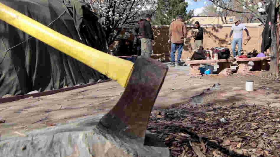 Veterans make preparations for a sweat lodge ceremony at Salt Lake City's Veterans Affairs center.