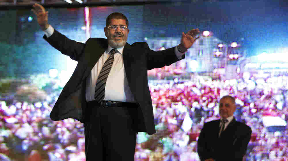 Mohammed Morsi, the Muslim Brotherhood's presidential candidate, was the leading vote getter in Egypt's presidential election last week. But he did not get an outright majority and will face a run-off on June 16-17 against a former prime minister. He's shown here during a campaign rally. Mohammed Morsi, the Muslim Brotherhood's presidential candidate, was the leading vote getter in Egypt's presidential election last week. But he did not get an outright majority and will face a run-off on June 16-17 against a former prime minister. He's shown here during a campaign rally.