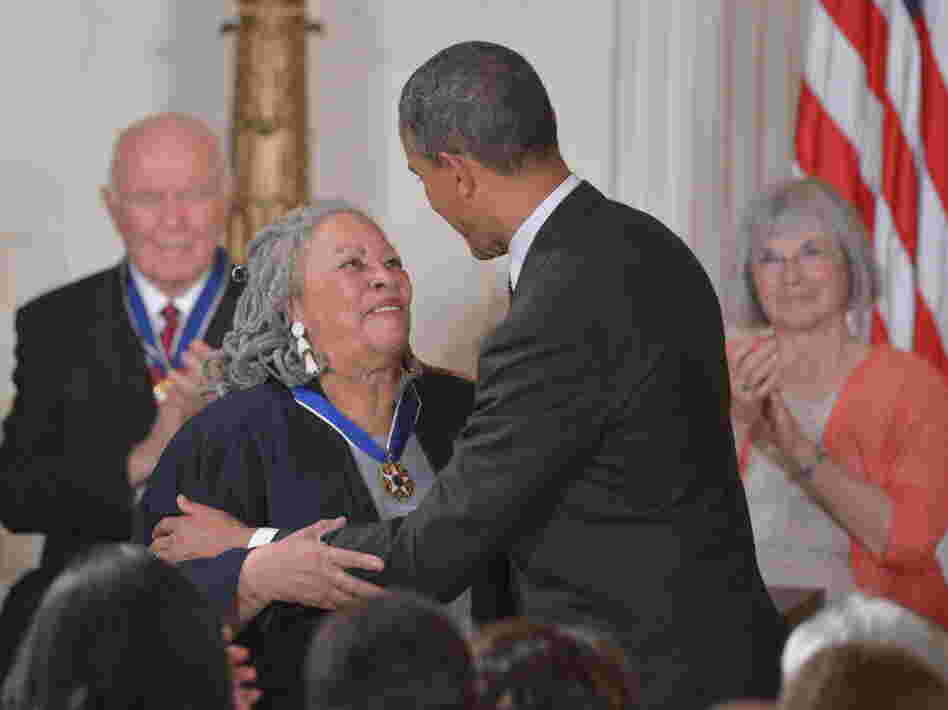 President Obama presents the Presidential Medal of Freedom to author Toni Morrisson during a ceremony in the East Room of the White House in Washington.