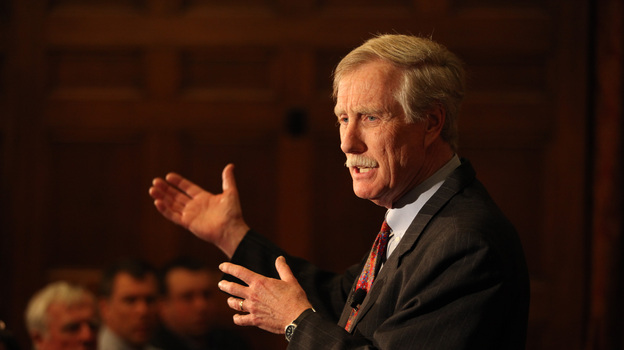 Former Maine Gov. Angus King speaks March 5 at Bowdoin College in Brunswick, Maine.