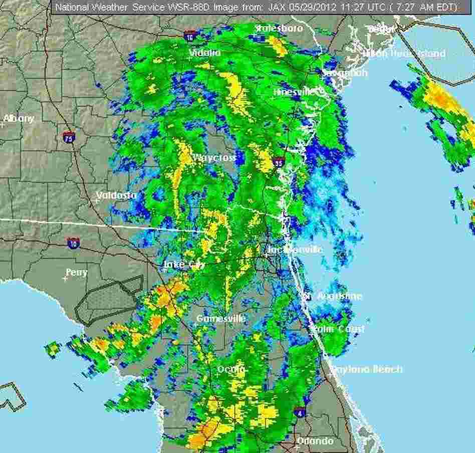 A National Weather Service radar image of Beryl early this morning. It was stretching from North Florida into Georgia.