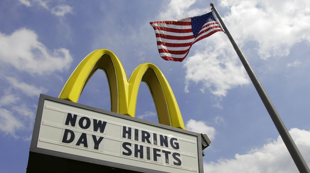 A sign outside a McDonald's restaurant in Chesterland, Ohio, advertises job openings earlier this month.