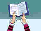 Illustration: Handcuffed hands hold a book. Illustration: Handcuffed hands hold a book.