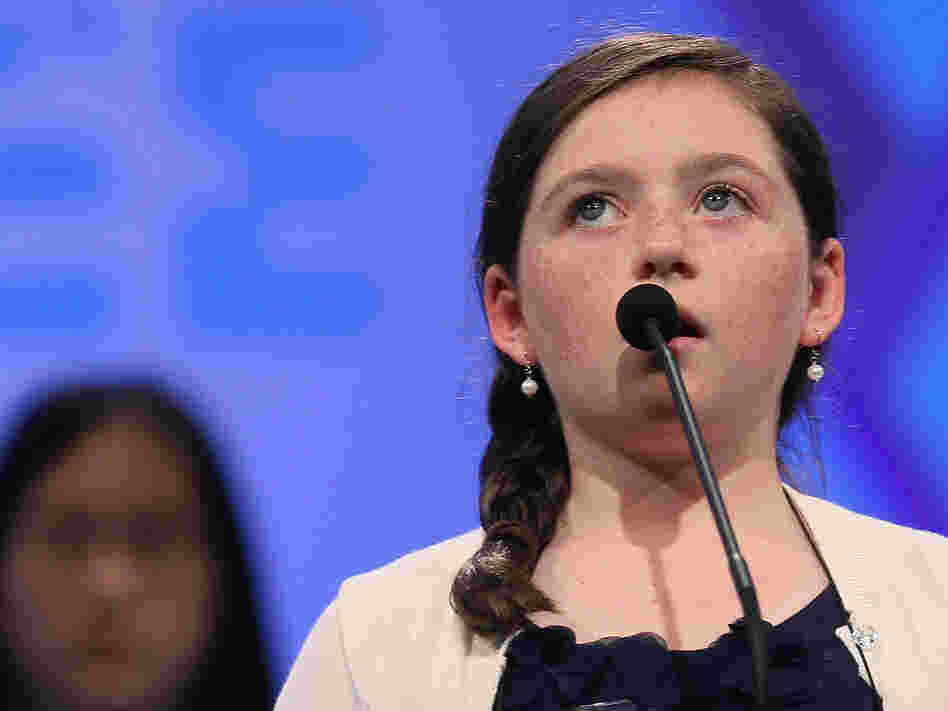 Kitty Shortt spells a word correctly during the third round of the 2012 Scripps National Spelling Bee yesterday.