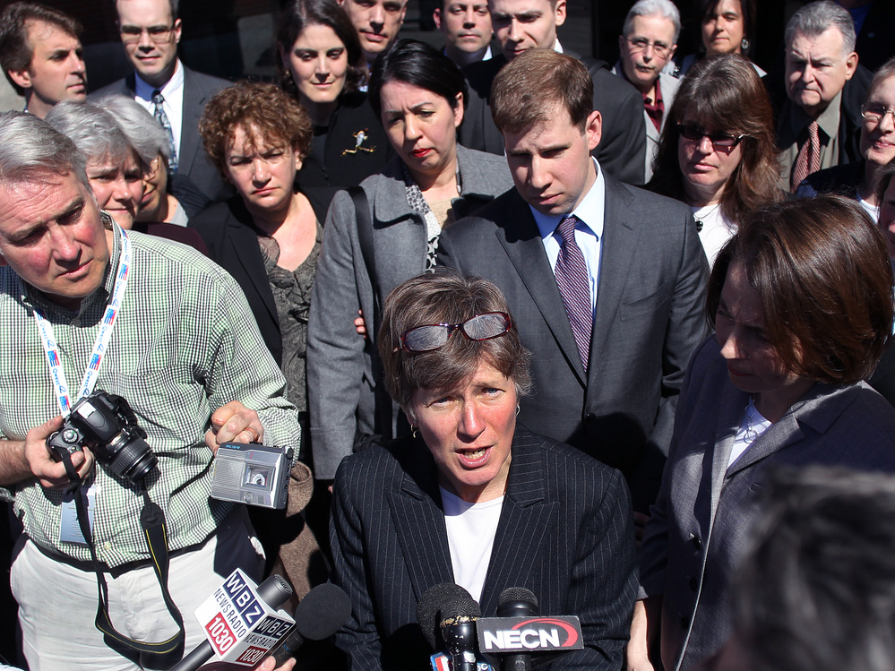 Mary Bonauto, the lawyer for the couples who challenged the Defense of Marriage Act, addresses the media after a hearing at the U.S. Court of Appeals on April 4 in Boston.