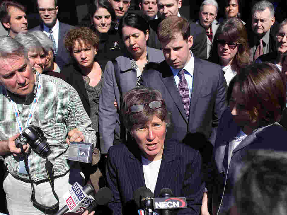Mary Bonauto, the lawyer for the couples who challenged the Defense of Marriage Act, addresses the media after a hearing at the U.S. Court of Appeals on April 4 in Boston.
