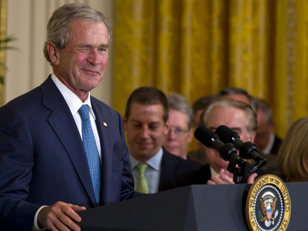 Former President George W. Bush winks in the East Room of the White House on Thursday during a ceremony to unveil his portrait.