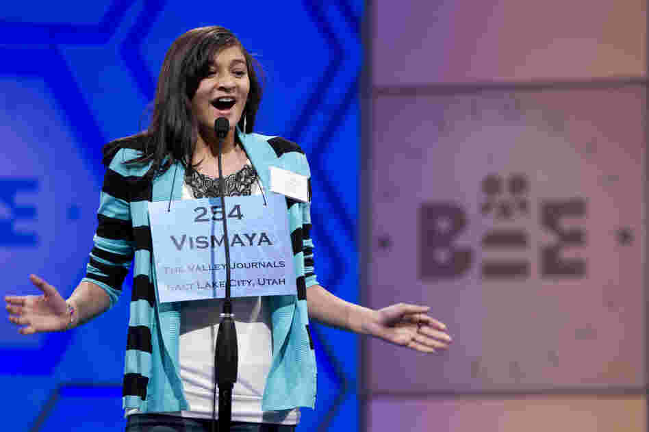 Vismaya Kharkar, 13, of Bountiful, Utah, is jubilant after spelling "allothogenic" correctly. 