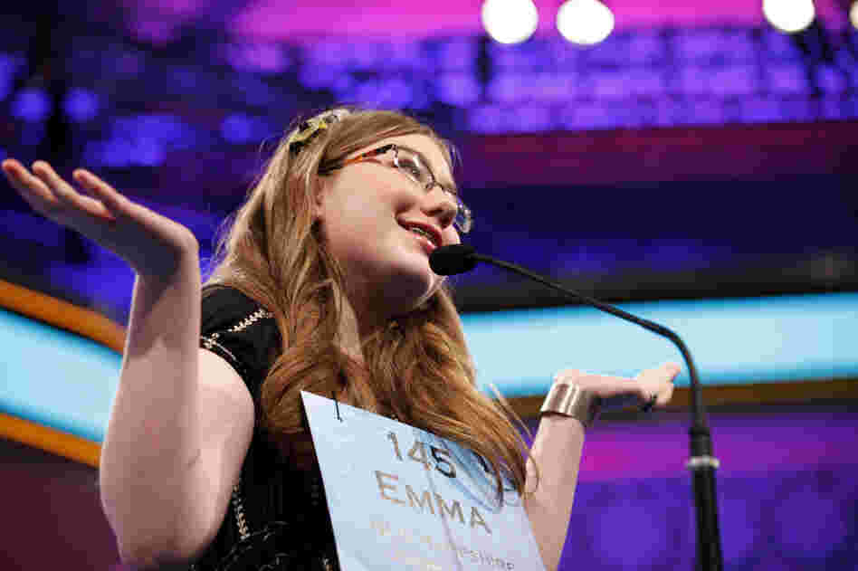 Emma Ciereszynski, 14, of Dover, N.H., shrugs after misspelling a word in the finals of the contest.