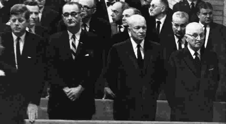 President Kennedy, Vice President Lyndon Johnson and former Presidents Dwight D. Eisenhower and Harry S. Truman attend funeral services for Sam Rayburn in Bonham, Texas on Nov. 18, 1961.