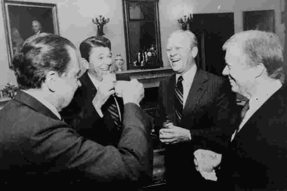 President Ronald Reagan and former Presidents Richard Nixon, Gerald Ford, and Jimmy Carter, offer a toast at the White House on Oct. 8, 1981 as the four met prior to the departure of the three former Presidents to Cairo for the funeral of President Sadat.