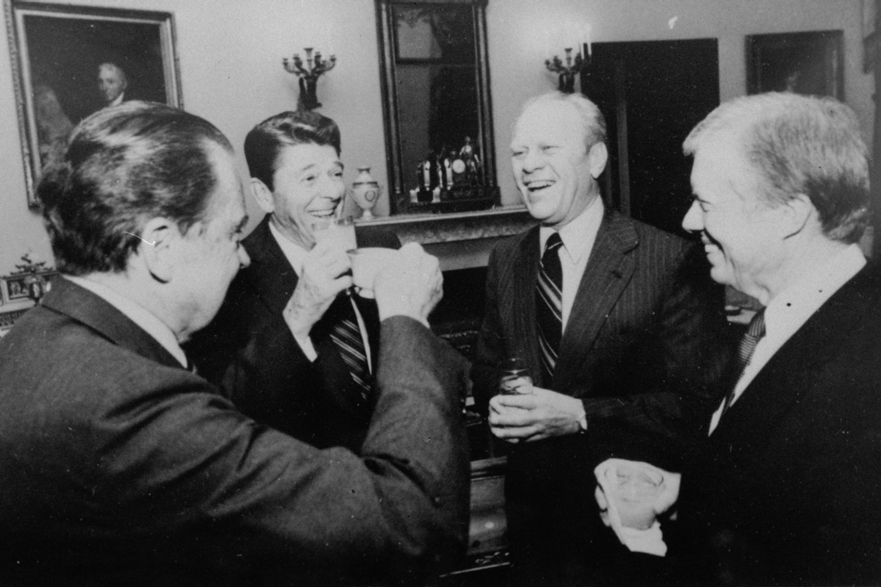 President Ronald Reagan and former Presidents Richard Nixon, Gerald Ford, and Jimmy Carter, offer a toast at the White House on Oct. 8, 1981 as the four met prior to the departure of the three former Presidents to Cairo for the funeral of President Sadat.