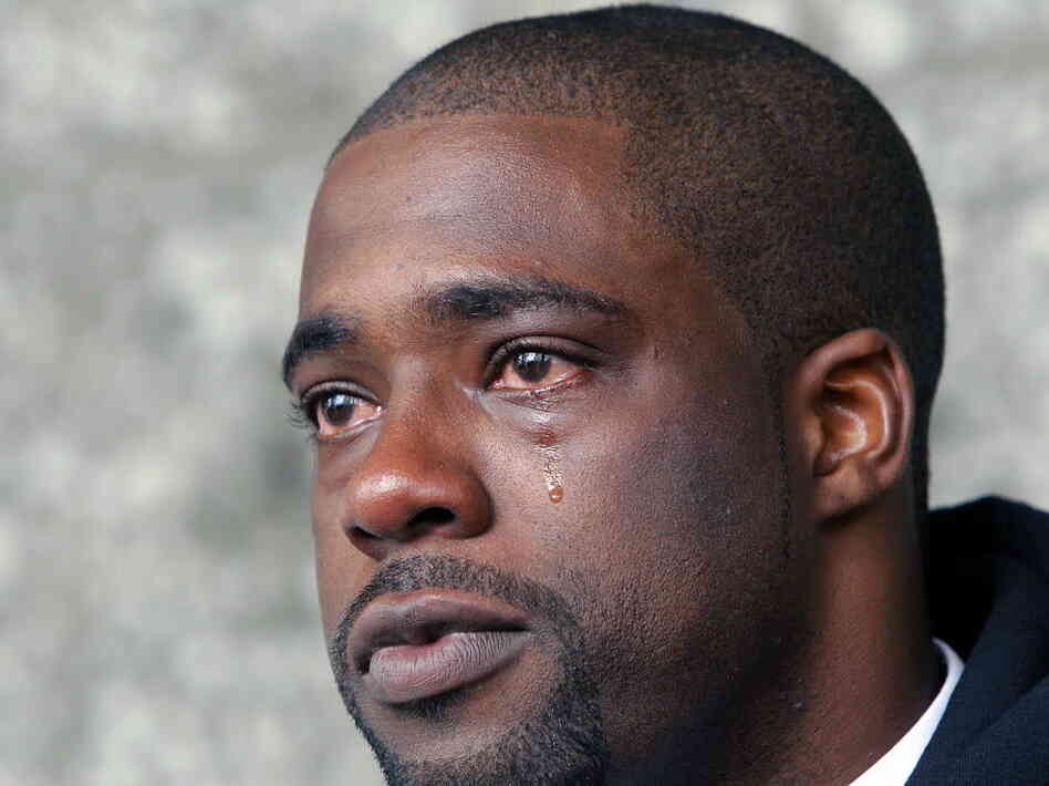 A tear of relief: Brian Banks after his rape conviction was dismissed Thursday.