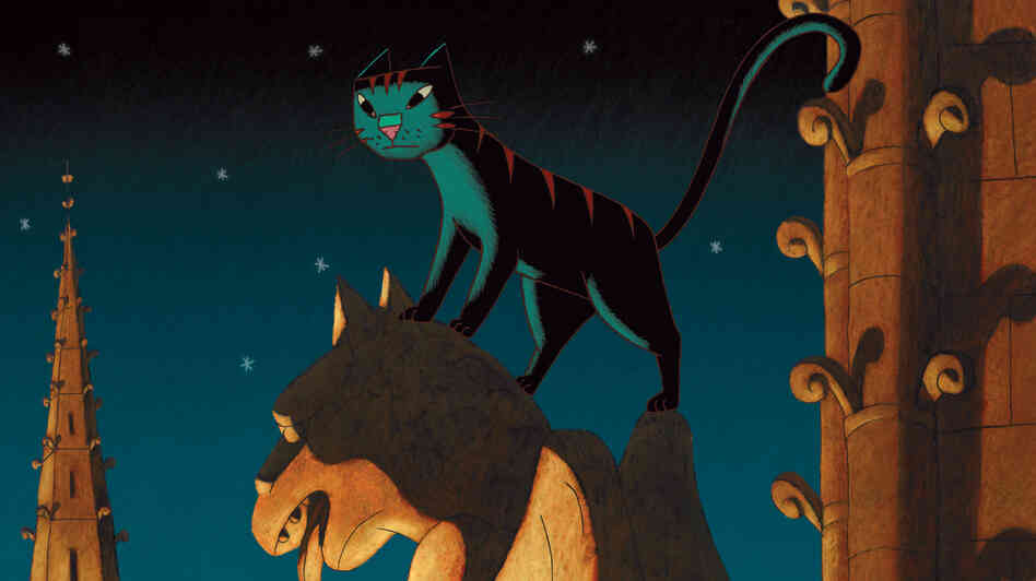 Out Of The Bag: Dino the titular feline eyes the dark streets of Paris from a perch atop Notre Dame Cathedral. Out Of The Bag: Dino the titular feline eyes the dark streets of Paris from a perch atop Notre Dame Cathedral.
