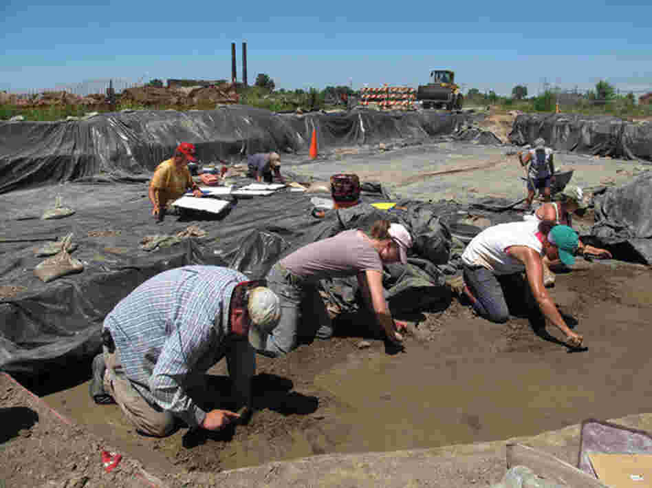 Illinois State Archaeological Survey crew members scrape the soil in search of Cahokian artifacts. The crumbling smokestacks of a 19th century meat packing plant are visible in the background, along with a bulldozer working on the current interstate freeway construction.