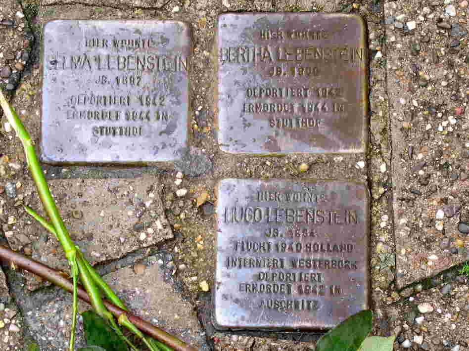 The names of Jeffrey Katz's family members are depicted on "stumbling stones" in Lembeck, Germany. His relatives owned a home on the property near the stones, before they were evicted in 1942.