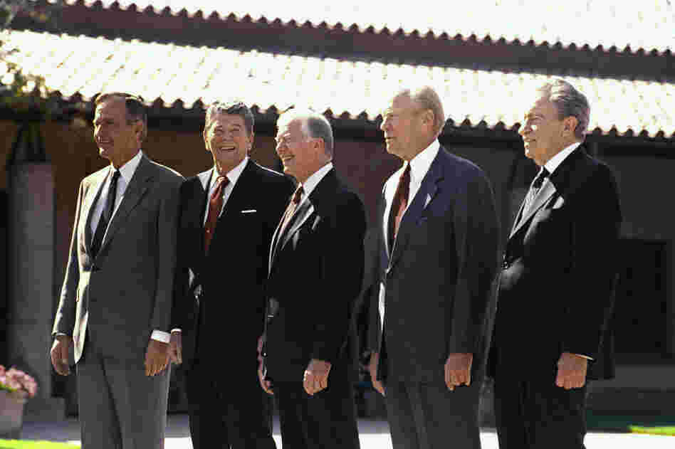 President George H.W. Bush stands with former Presidents Ronald Reagan, Jimmy Carter, Gerald Ford and Richard Nixon before the dedication ceremonies for the Ronald Reagan Presidential Library in Simi Valley, Calif., Nov. 4, 1991.