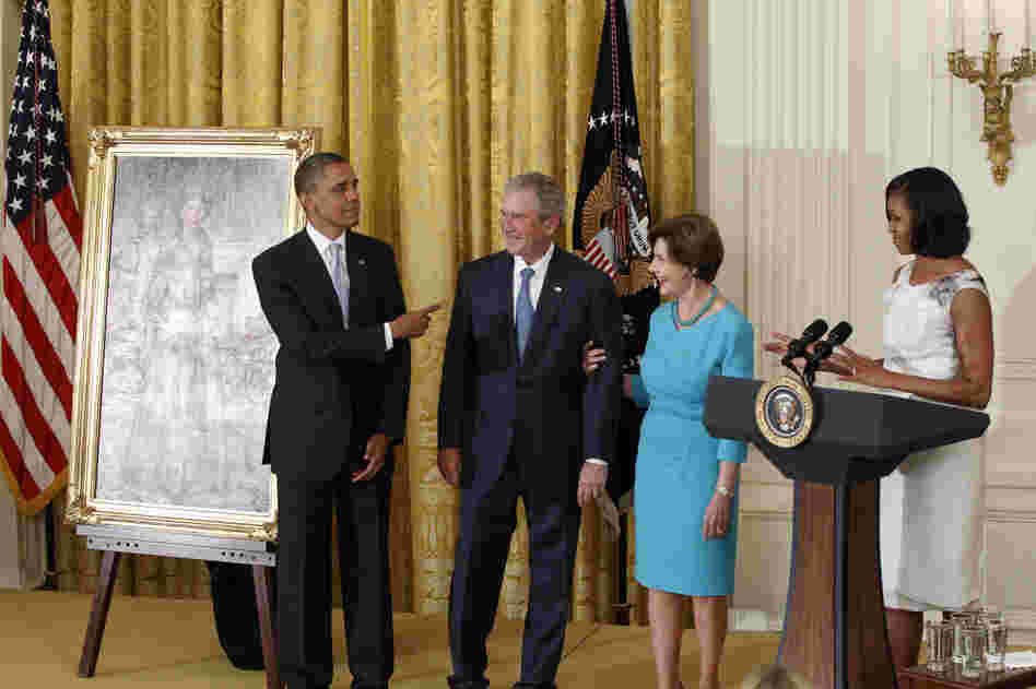 President Obama and his wife Michelle host a rare get-together with their White House predecessors on Thursday, as former President George W. Bush and his wife Laura had their official portraits unveiled.