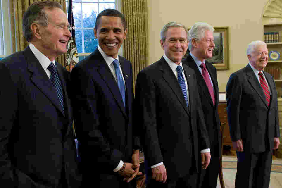 Meetings of current, former and future presidents are uncommon, and this one, on Jan. 7, 2009, was a once-in-28-years affair. From left, George H.W. Bush joins then-President-elect Obama, then-President George W. Bush and fellow former Presidents Bill Clinton and Jimmy Carter for lunch. It was the first time since 1981 that all living presidents had been together at the White House.