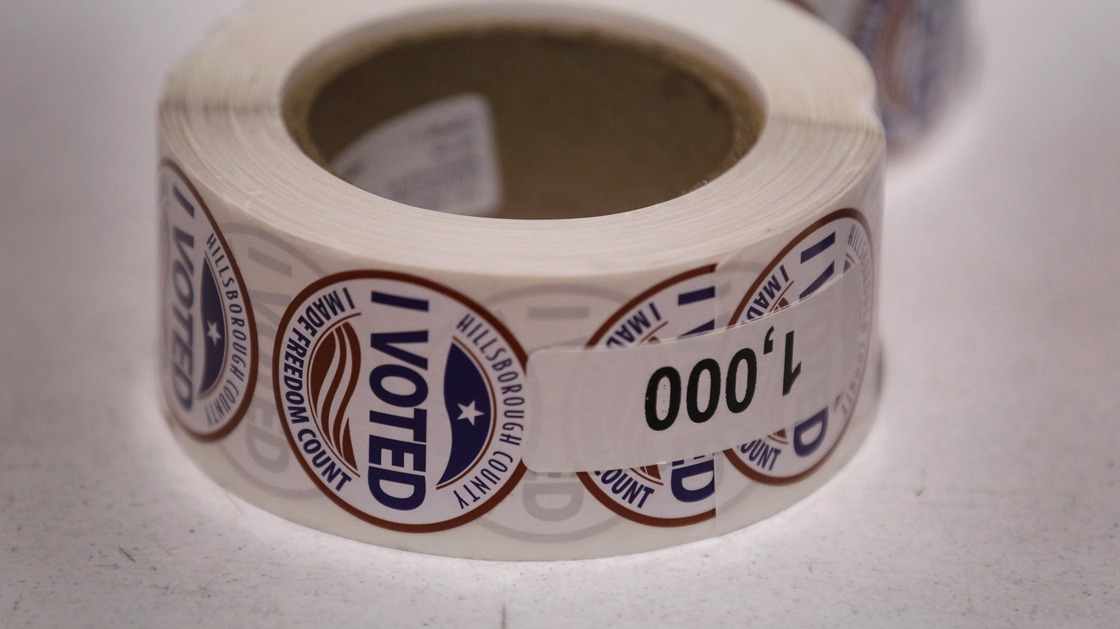 "I Voted" stickers are left ready for voters at a polling station on Jan. 31, the day of Florida's presidential primary, in Tampa.